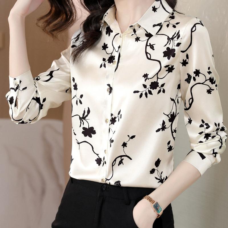 Elegant floral print long-sleeve women's shirt, stylish spring blouse with refined design