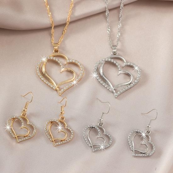 1 Set Women Necklace Earrings Set Hollow Out Heart Shape Rhinestone Decor Prom Party Hanging Earrings Pendant Clavicle Necklace
