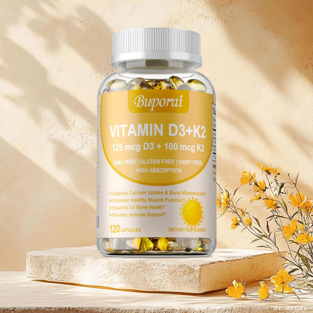 Vitamin D3 und K2 Kapseln, die jeweils 125 Mikrogramm D3 und 100 Mikrogramm K2 enthalten, unterstützen die Knochengesundheit.