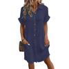 Women's Summer Midi Dress POLO-Neck Short Sleeve Button Knee-Length Dress Loose Shirt Dress