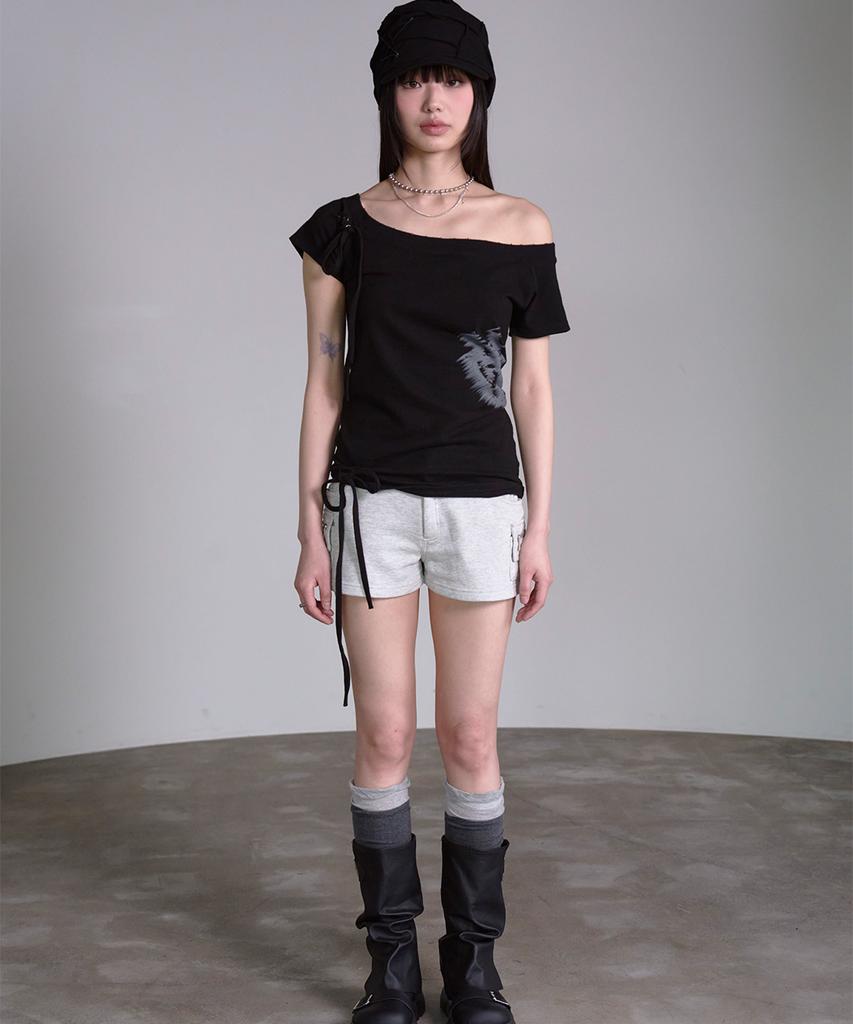 PRENDA Corset Detail One-Off-Shoulder Short Sleeve Black