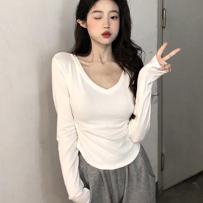 2024 Chic Slim V-Neck Long-Sleeve Women's Top - Autumn Style for Hot Girl & Student