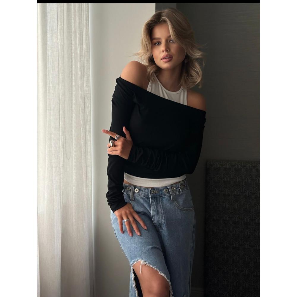 

Hirsionsan летние повседневные лоскутные обтягивающие футболки женские модальные мягкие футболки с длинным рукавом 2025 новые повседневные женские эстетичные топы S/M чёрный