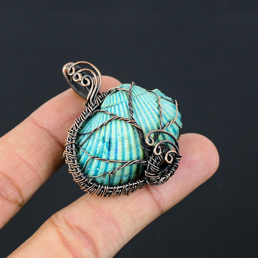 Natural Aqua Titanium Shell Stone Handmade Copper Wire Wrap Pendant 1.77" E7s81