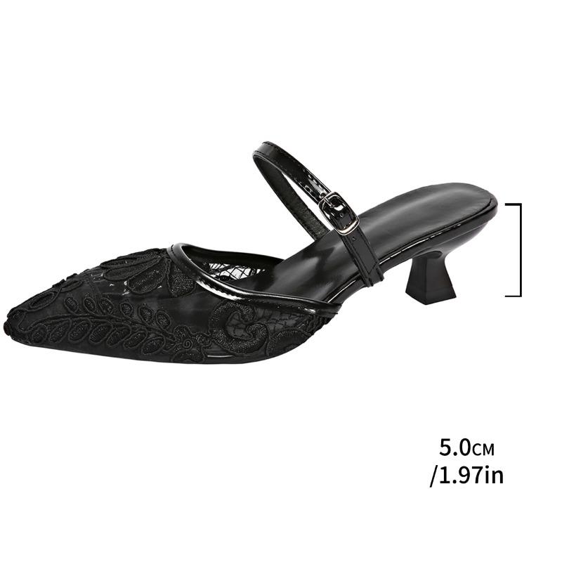 2025 Pointed Mesh Wrap Head Slippers Outside Wear High Heels New Shallow Mouth Sandals Single Shoes