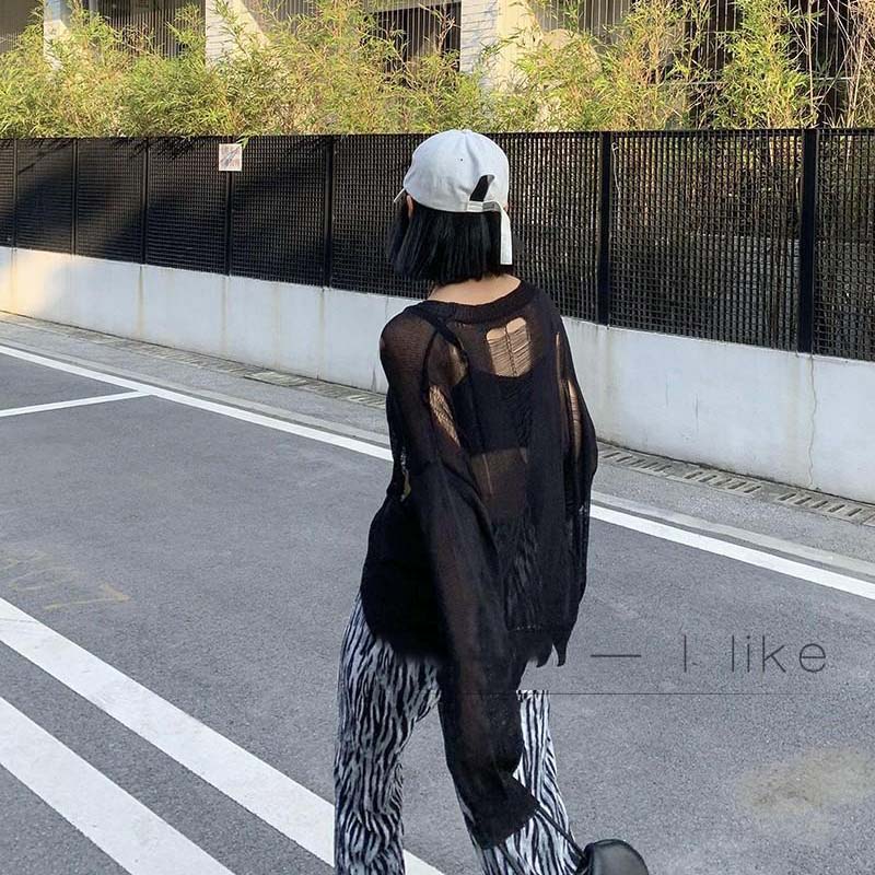 Y2K Schwarz Eis Seide Hohl Dünnen Pullover Damen Langarm Sonnenschutz Top Neue Sexy Lose Kintwear Ripped Bluse Punk stil Pullover