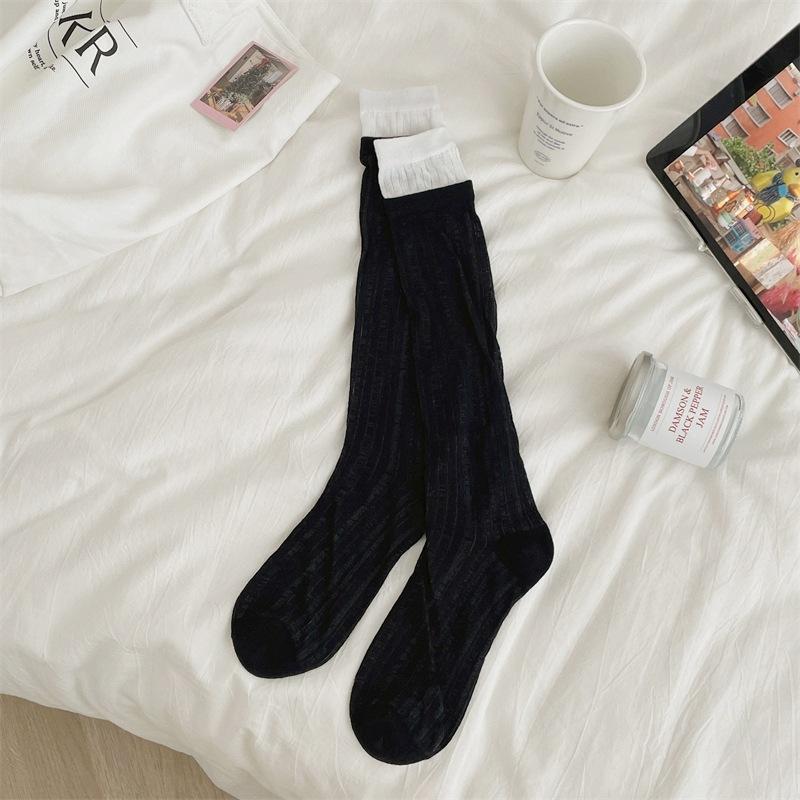 Summer Thin, Color-blocked, Patchwork Socks for Women, Two Pairs of Fake Calf Socks