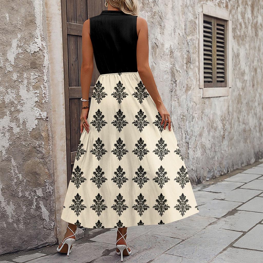 Dámské ležérní a módní šaty střední délky bez rukávů s potiskem a výstřihem do V