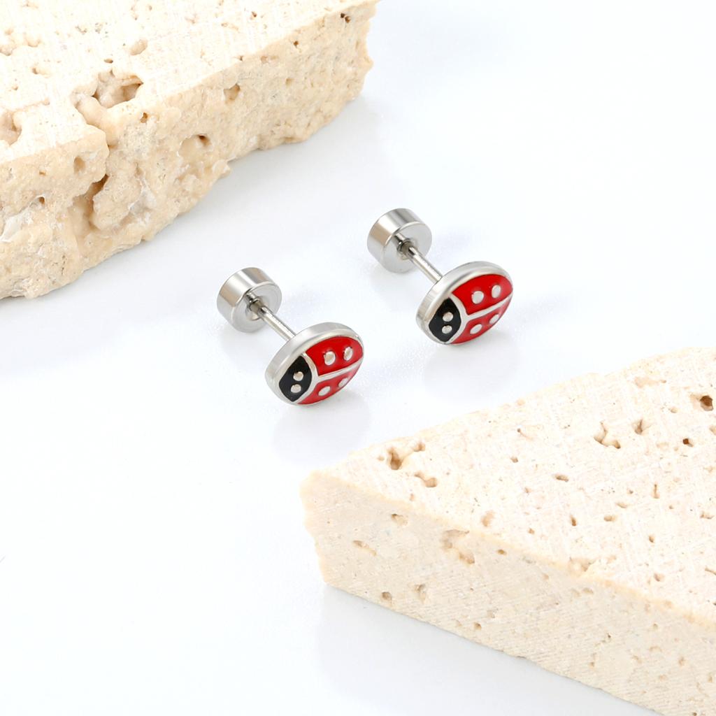 Cute Girls Ladybug Animal Enamel Stud Earrings Twist Pack for Children/Teenagers Titanium Steel 1pairs Drip-Oil Insect Piercing