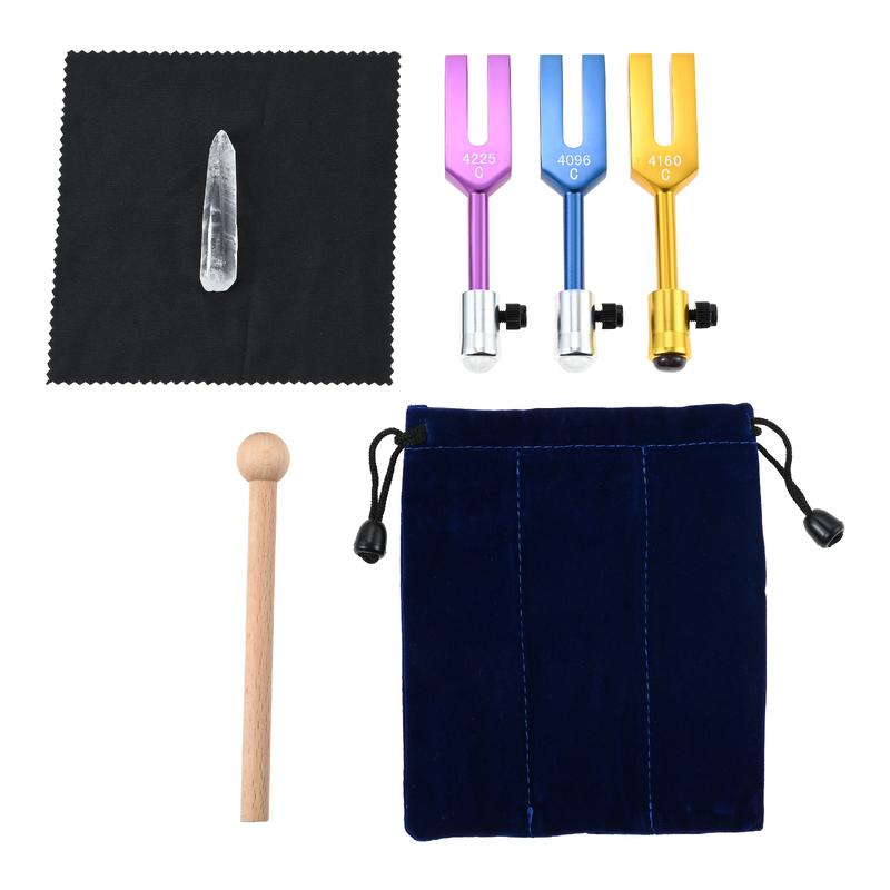3-teiliges Stimmgabel-Set (4096 Hz, 4160 Hz, 4225 Hz) + Kristallstein + Hammer + Tasche – Engel-Stimmgabeln-Set für DNA-Heilung, Klangtherapie und Yoga (Entspannung)