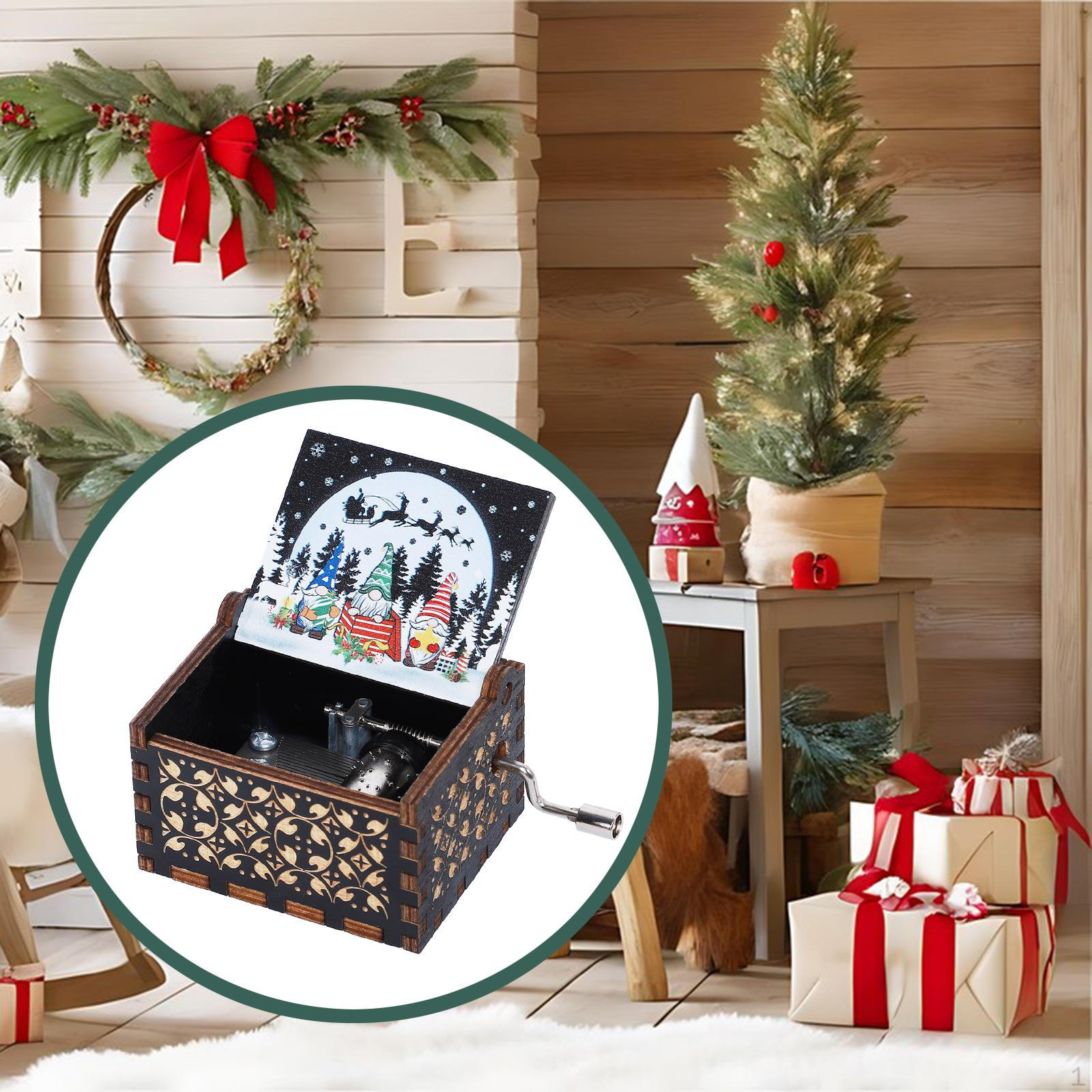 

Christmas Music Box Home Decorations Engraved Wooden Hand Crank Gift for