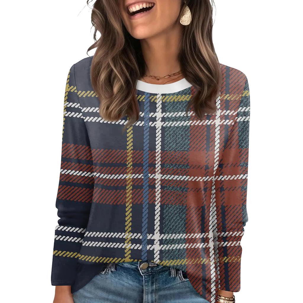 Ladies' Plaid Printed Fashionable Casual Round Neck Long Sleeved Round Neck Top
