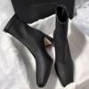 French Square Head Soft Leather Versatile Short Boots Women's 2025 Autumn and Winter New Thick Heel Elastic Thin Boots Temperament High Heels