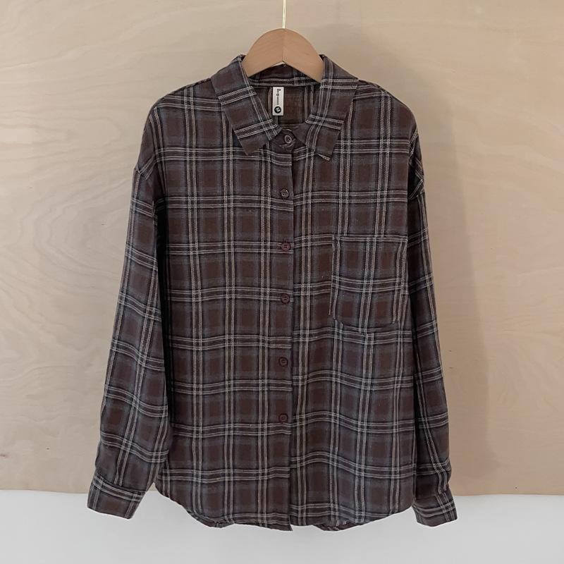 Plaid Shirt Spring and Autumn New Korean Temperament Casual Style Long-sleeved Lapel Jacket Women's Hong Kong Style Retro Versatile Top