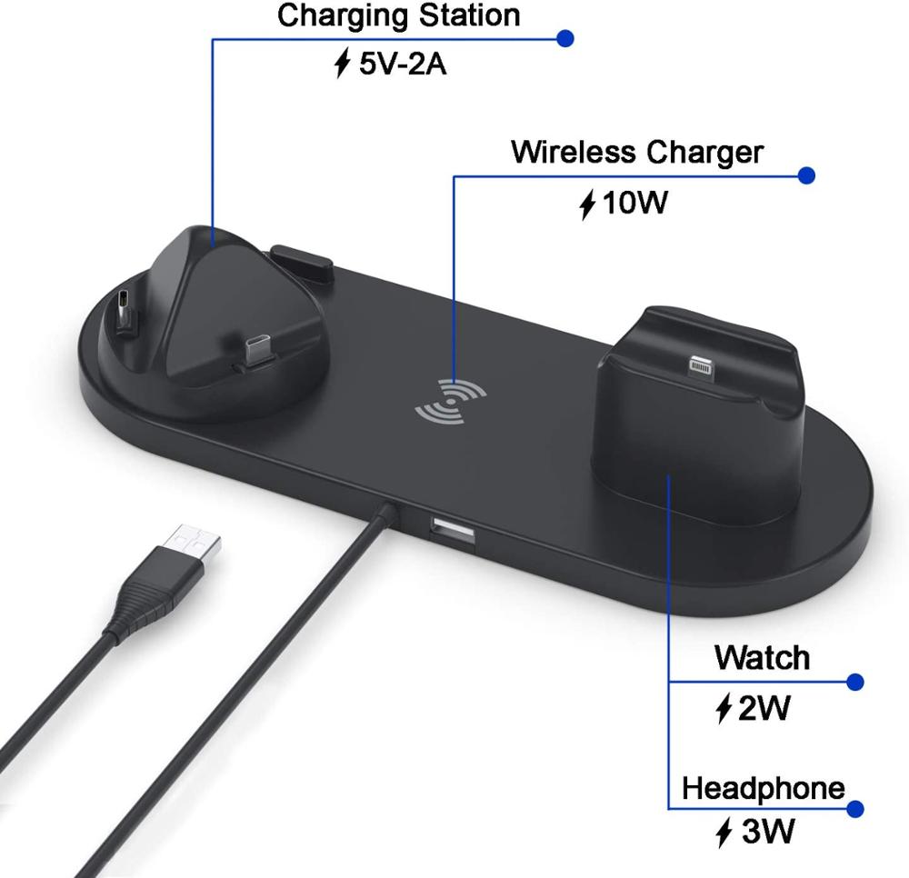 Bezdrátová nabíječka 4 v 1 dokovací stanice 10w rychlé nabíjení pro iPhone 14 13 12 11 Xr Xs X 8 Apple Watch 7 6 Se 5 Airpods 3 Pro