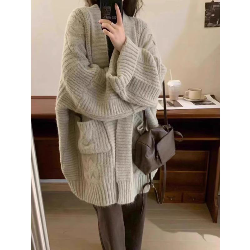 Autumn and Winter Loose Knitted Cardigan Women's Sweater Coat Fashion Elegant Simple Medium and Long Thickened Outer Jackets Casual Pockets Clothing