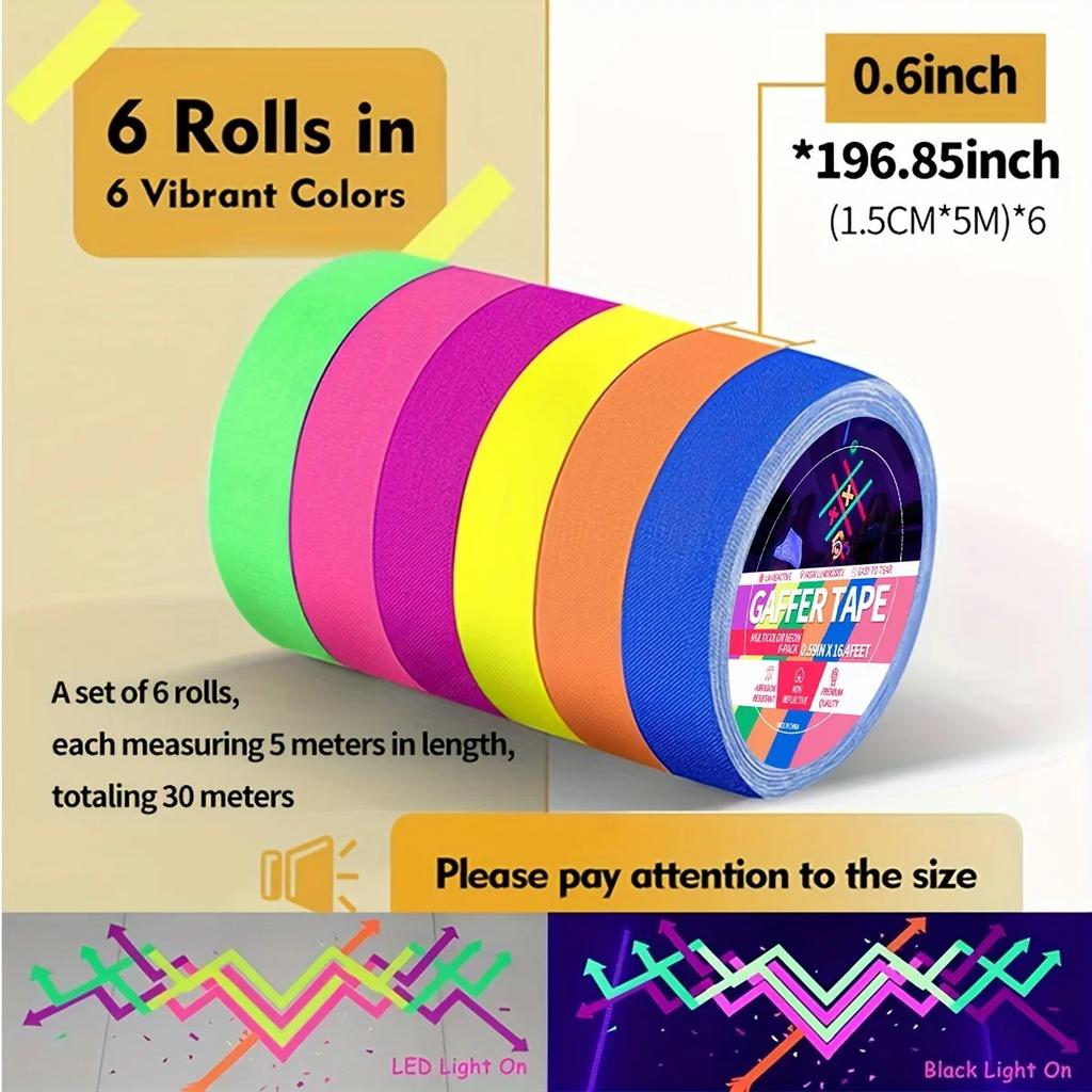 6 Colors Neon Gaffer Cloth Tape Fluorescent Rainbow Color Party Non-Reflective Glow Under UV Black Light in The Dark Tape