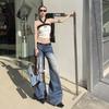Retro blue micro-pull jeans women's spring and autumn new low-rise loose wide-legged thin flared pants