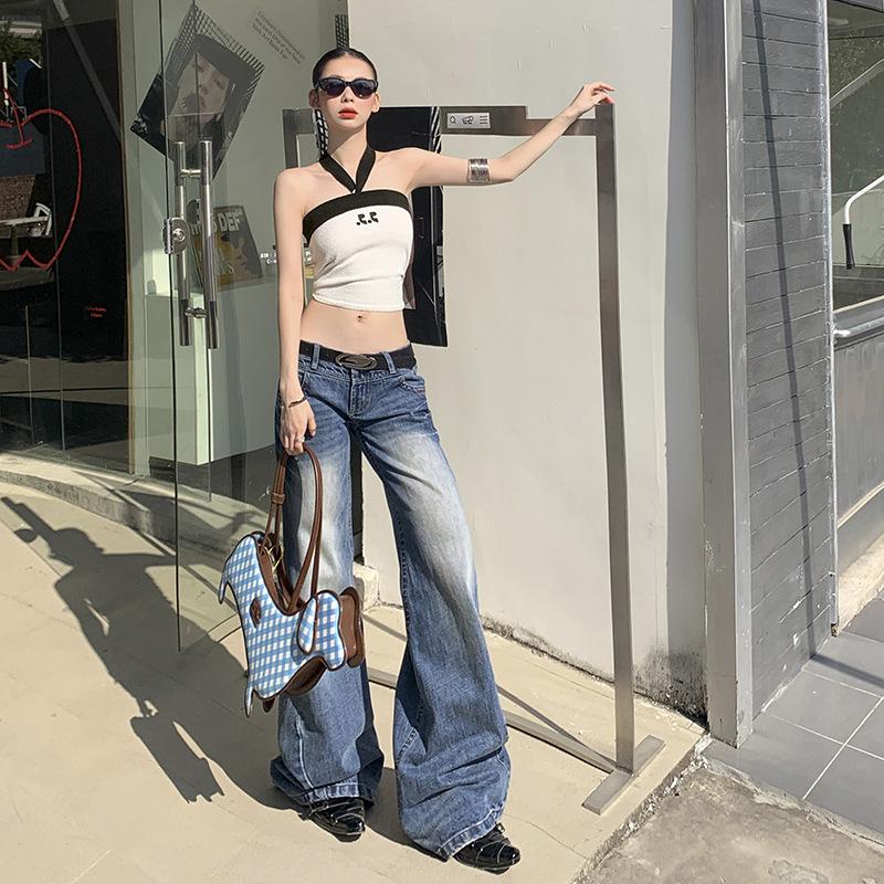 Retro blue micro-pull jeans women's spring and autumn new low-rise loose wide-legged thin flared pants