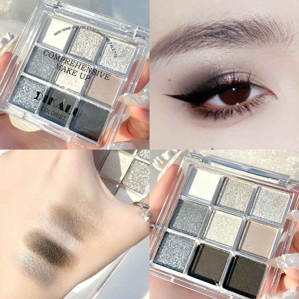 DIKALU Smoky 9-Color Eyeshadow Palette: Earth Tones, Blue-Gray, Dragon Fruit, Blue-Black Highlights & Contours