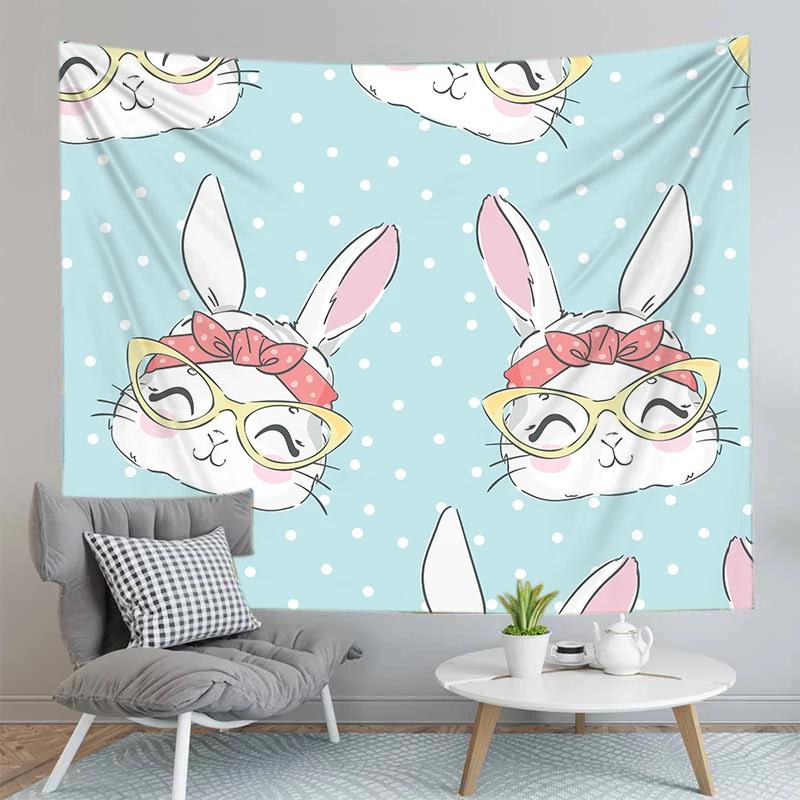 Cute Rabbit Print Tapestry for Girl Boys Dorm Room Decor Easter Rabbit Wall Hanging Kawaii Greetings and Presents for Easter Day