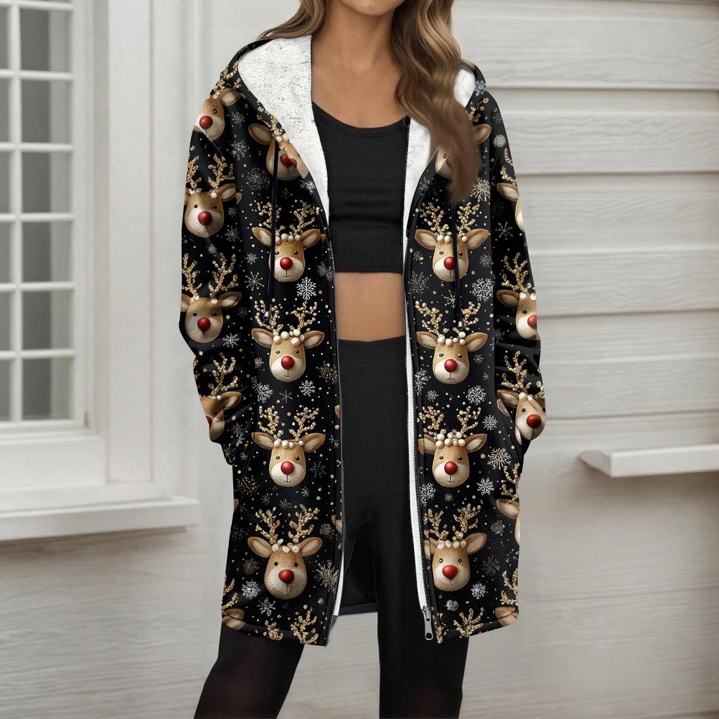 Women's Christmas Printed Fashionable Loose Zipper Fleece Hoodie Jacket