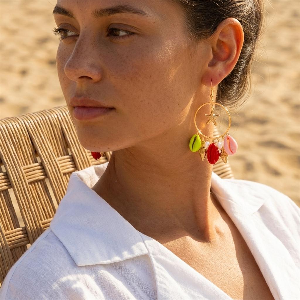 Colorful Ocean Charm Hoop Earrings for Women Tropical Starfish Dangle Dopamine Statement Beach Party Vacation Jewelry