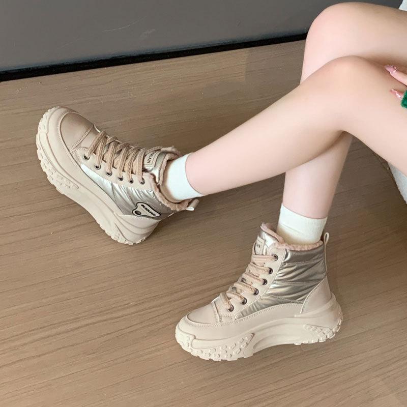 Wysokie, duże bawełniane buty dla kobiet na zimę, nowe, na grubej podeszwie, podwyższające, sportowe buty typu dad, ocieplane i pogrubione śniegowce dla kobiet