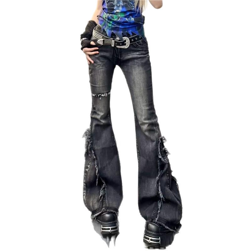 Y2K Hot Girl Ausgefranste Kante Micro-Flare Weiter Bein Jeans Damen Schlankmachende Elastische Hose