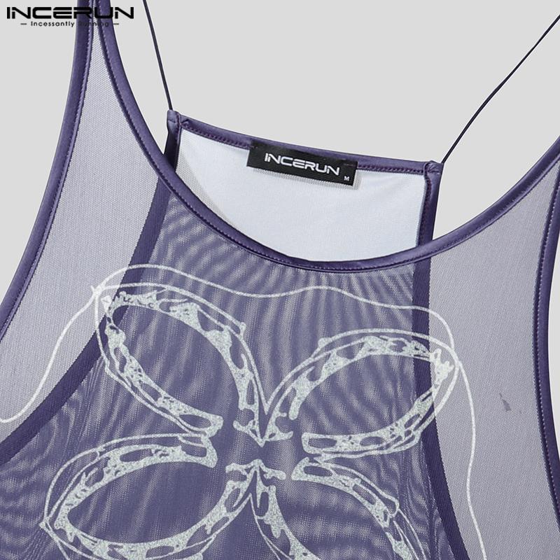 INCERUN Men Sling Sleeveless Print Mesh Sheer Tank Tops Camisole Undershirts