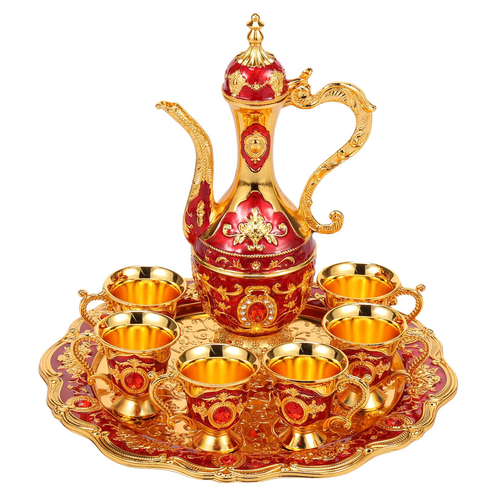 

Vintage Metal Turkish Teaset with 6Pcs Cups and Pot Tray Exquisite Turkish Coffeepot Winepot Drinkware Home Decorative Crafts