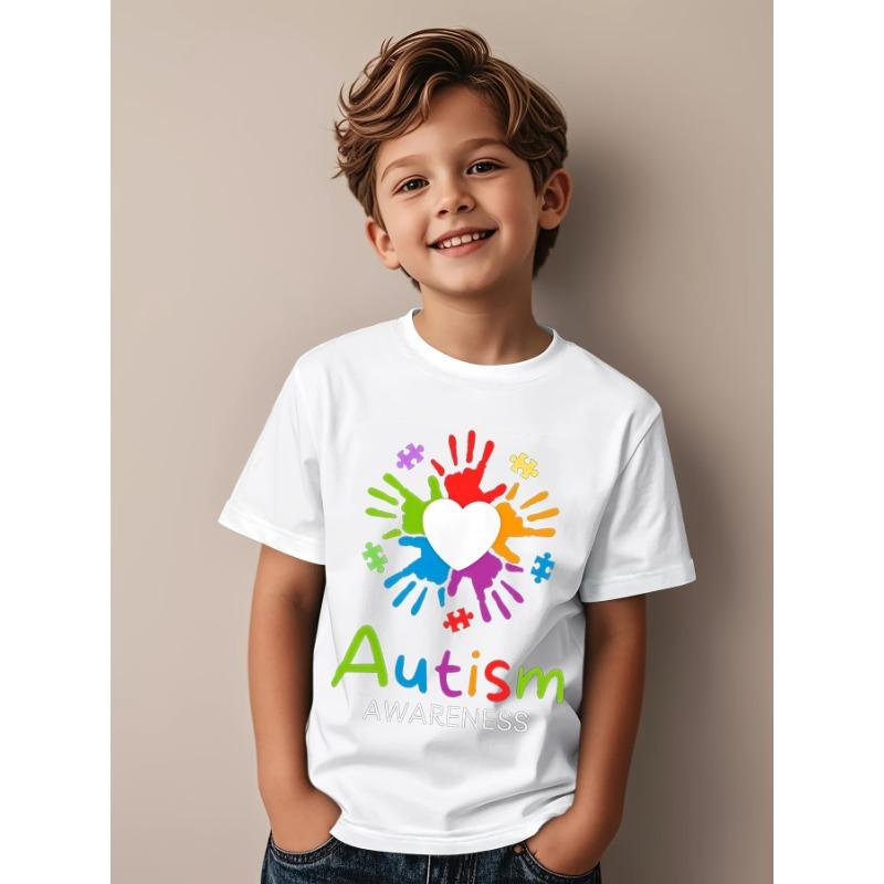 European Size Childrens Autism Awareness T Shirt Suitable for Boys and Girls Puzzle Pieces and Rainbow Handprint Design Short Sleeved Casual Shirt