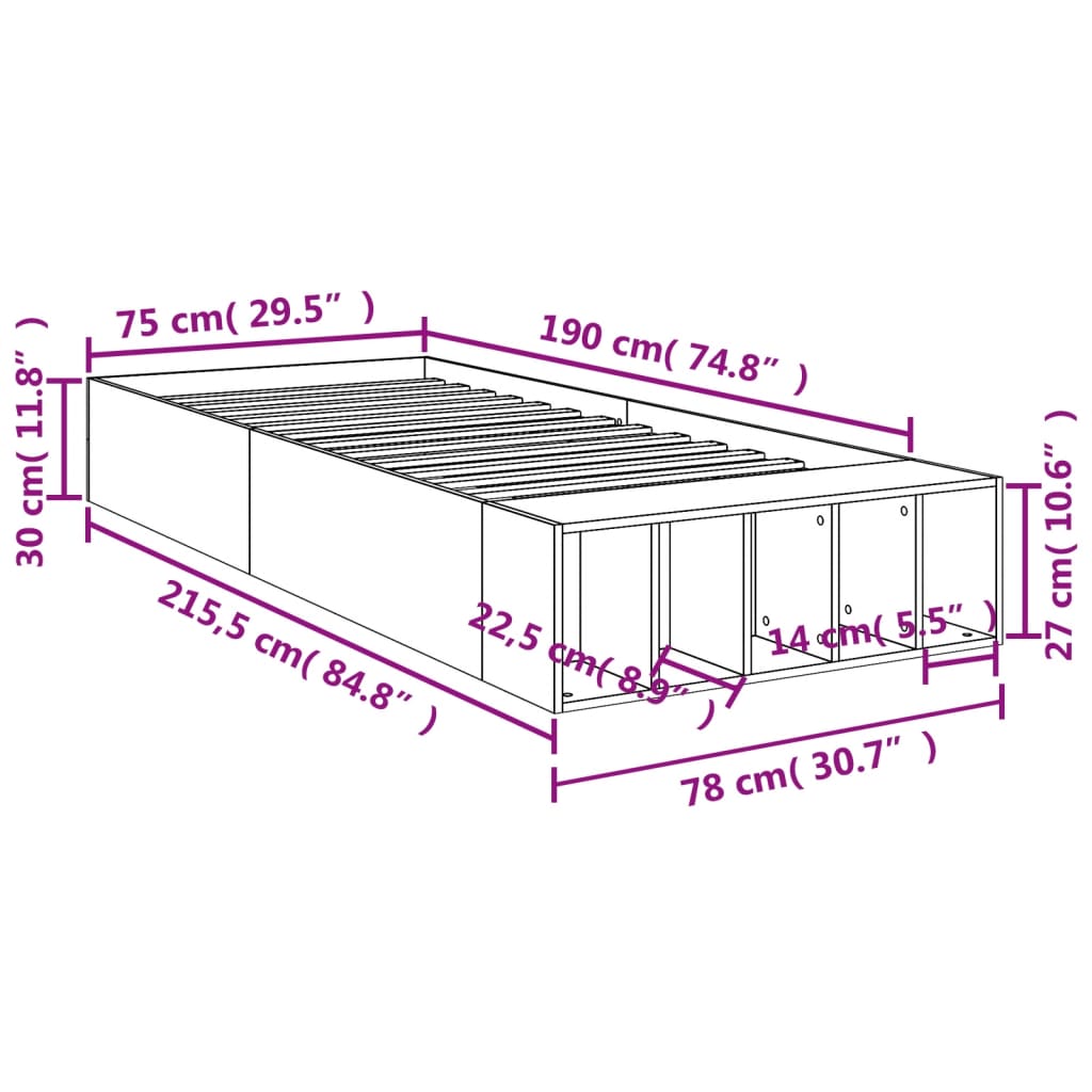 Bed Frame Concrete Grey 75x190 cm Particleboard