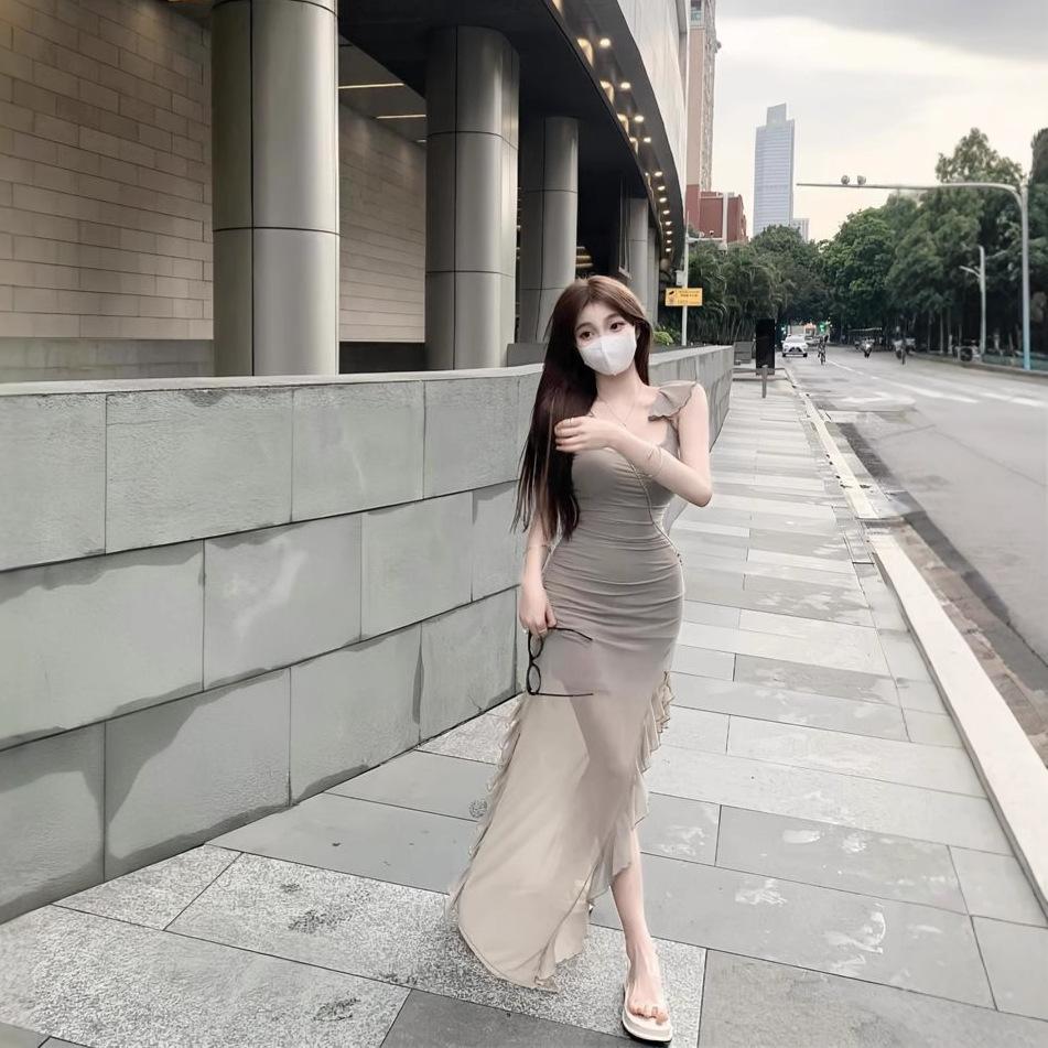 Pure Desire Wind Split Suspender Dress Female Summer Spice Girl Small Flying Sleeves Waist Mesh Skirt Irregular Medium and Long Skirt