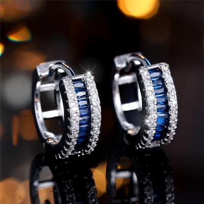 Cute Female White Blue Zircon Stone Round Hoop Earrings Fashion Female Silver Color Wedding  For Women