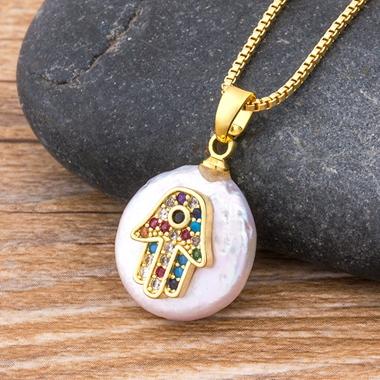 Nidin Hot Sale Women Men Hamsa Hand Necklace Gold Plated Copper Zircon Evil Eye Pendant & Chain Hip Hop Turkish Luck Jewelry