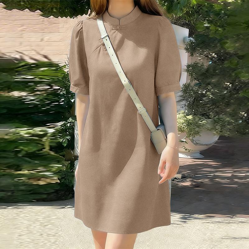 ZANZEA Women Summer Stand Collar Casual Short Sleeve Dress