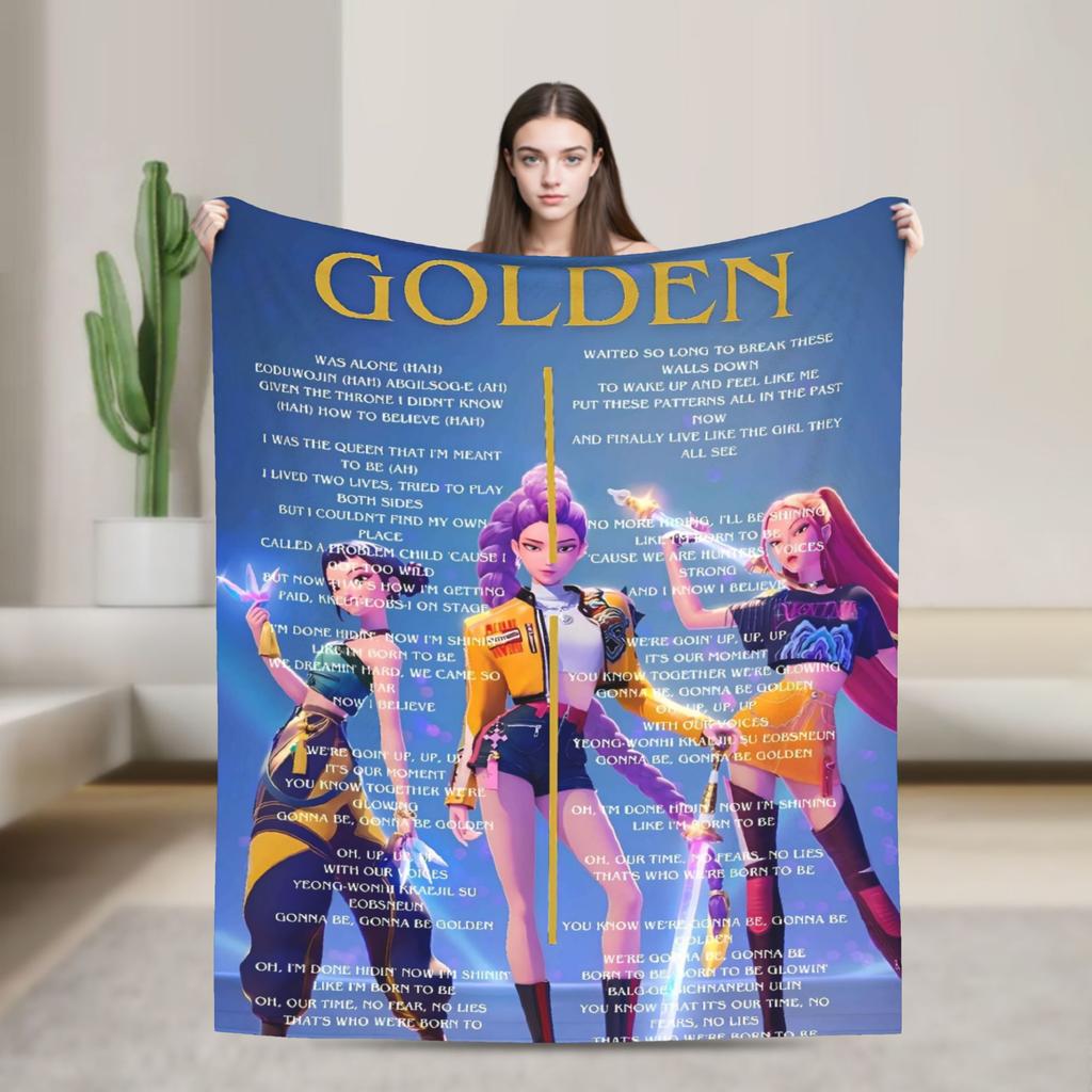 Warm Soft Blankets KPop Demon Hunters Golden Music Throw Blanket Flannel Bedspread For Living Room Street Trend Sofa Bed Cover