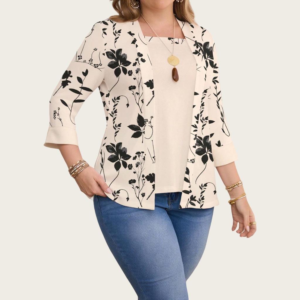 2025 Plus Size Floral Print Casual Two-Piece Seven-Sleeve Top for Women