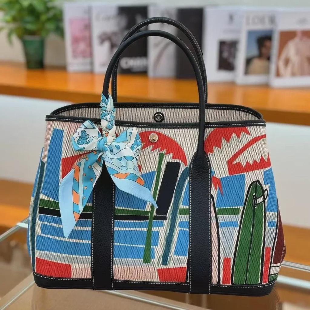 Women's Genuine Leather Garden Tote - 2025 Canvas & Cowhide, Large Capacity, Contrast Color Shoulder Bag