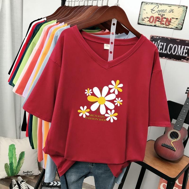 Short-sleeved T-shirt for Women, Large Size, Loose and Slimming, Printed V-neck Top