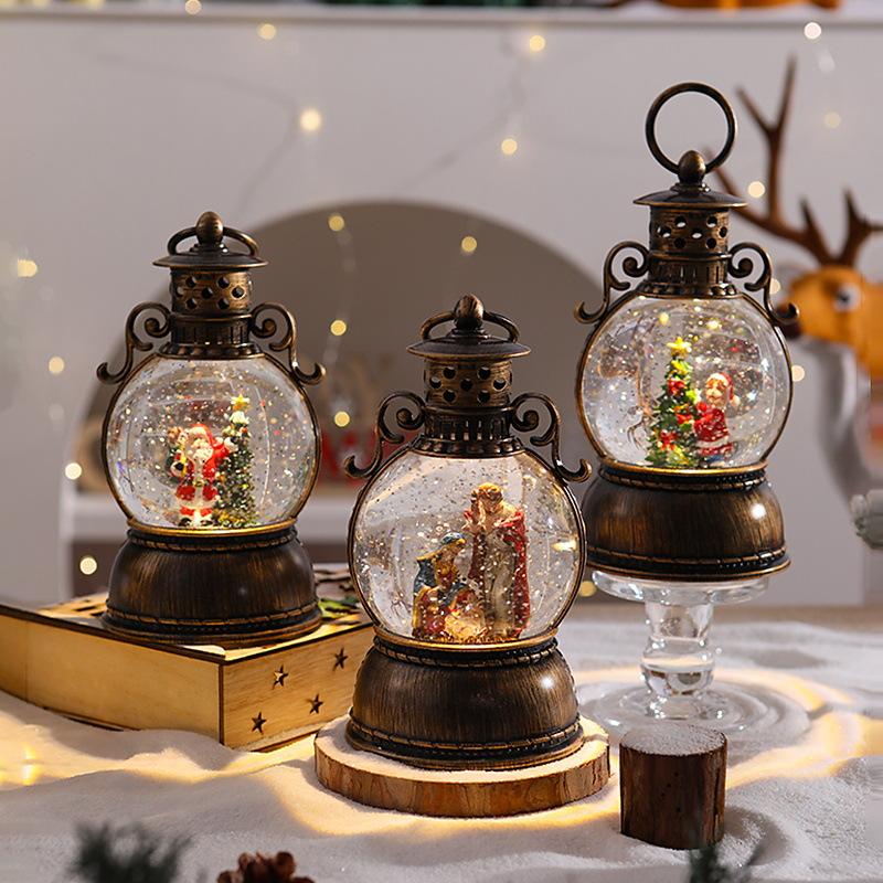 Christmas glowing music box with falling snowflakes, crystal ball, retro scene decoration, portable lantern, Santa Claus ornaments