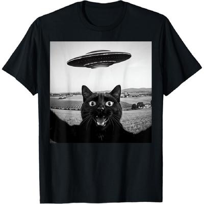 Black Cat Selfie UFO Alien Funny Gifts For Men Women Kids T-Shirt
