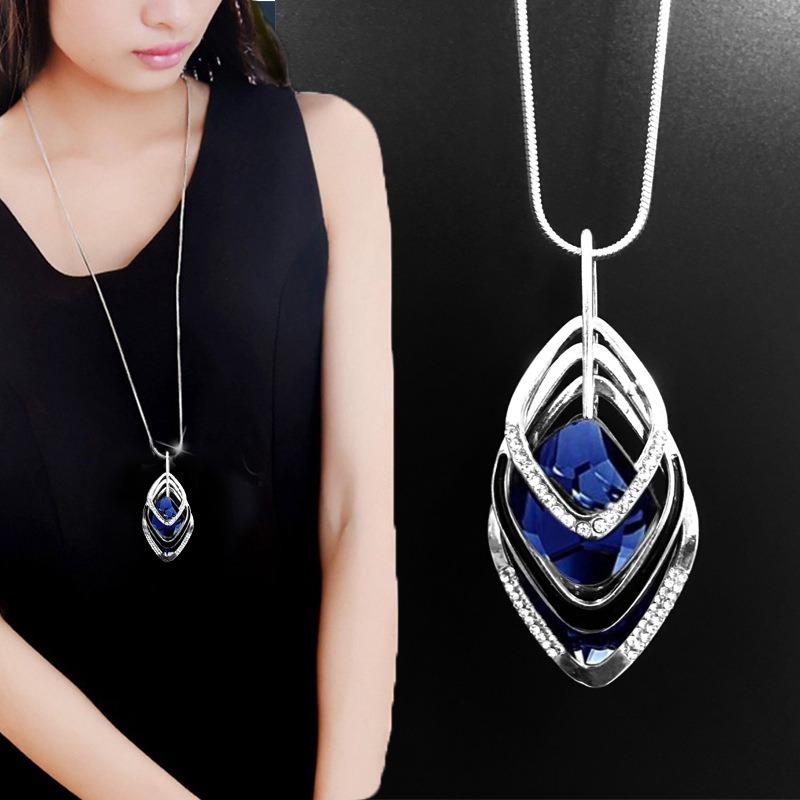 Κολιέ με στρογγυλό μενταγιόν από μπλε κρύσταλλο, νέα γυναικεία μόδα, ευέλικτη αλυσίδα για πουλόβερ
