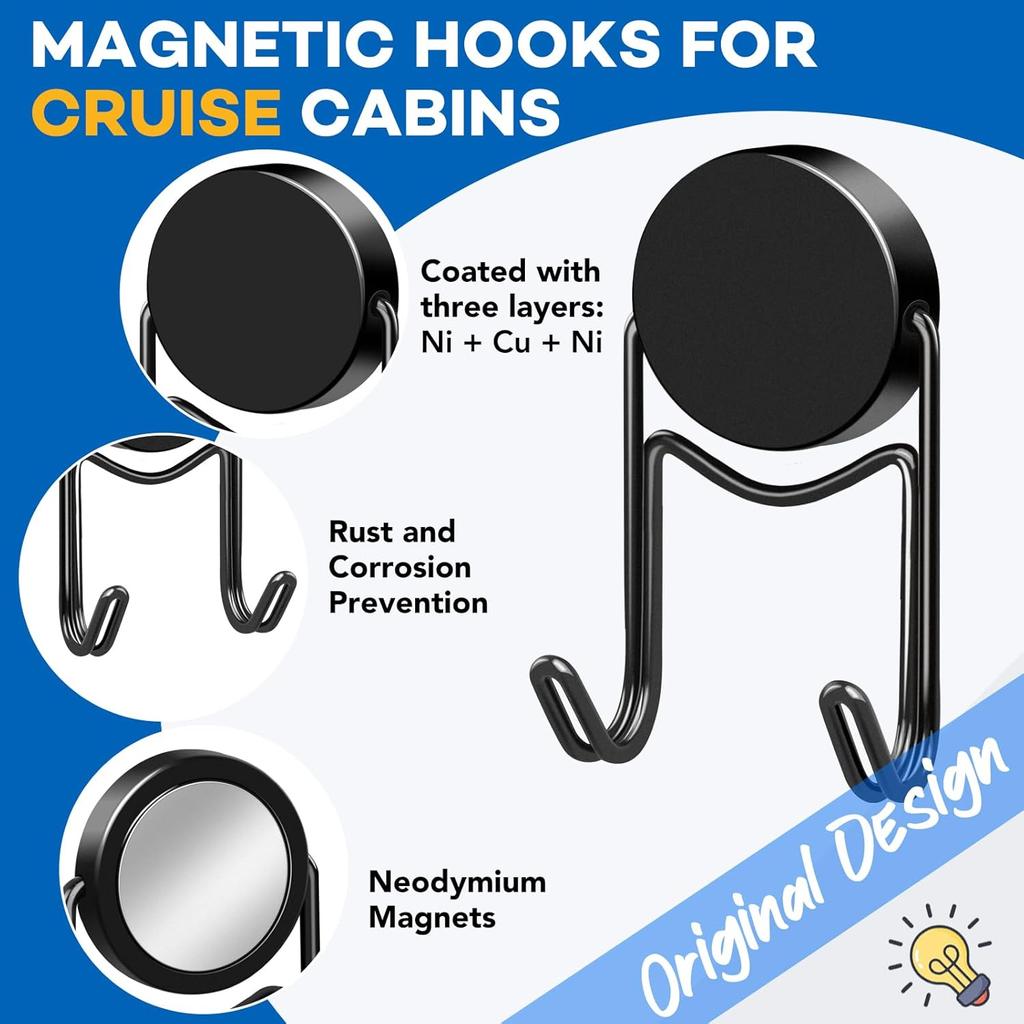 Silver Black Magnetic Hooks Cruis Heavy Duty Magnetic Hangers Extra Strong Magnets with Double Hook for Hanging Resistant Base