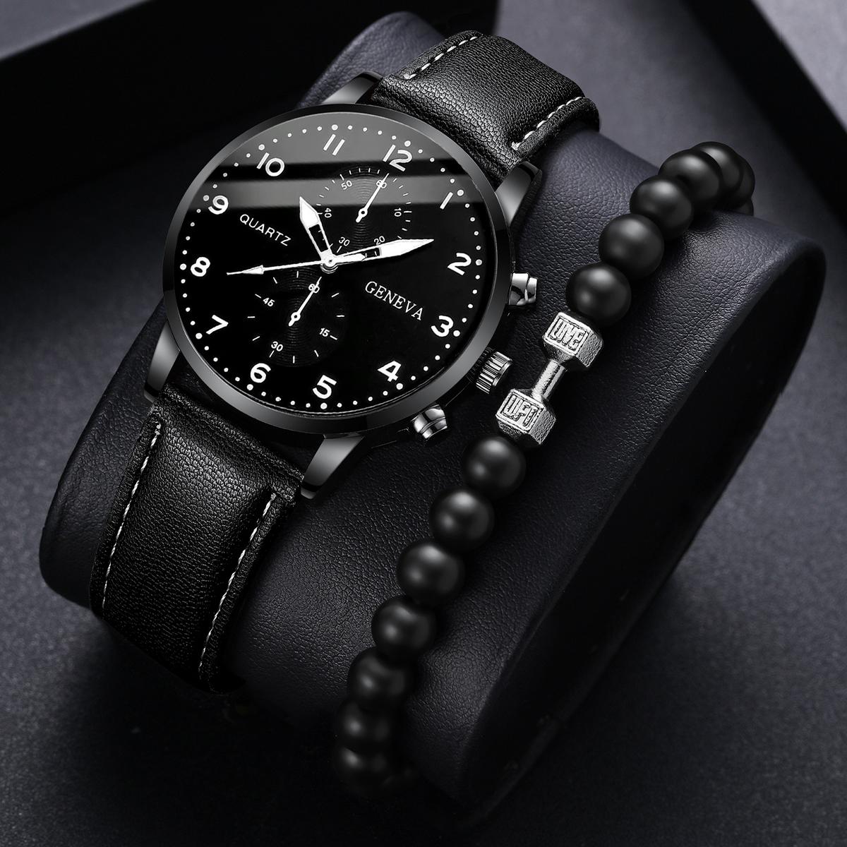 

2 шт./набор Модные мужские кварцевые часы с кожаным ремешком и простой браслет из бусин