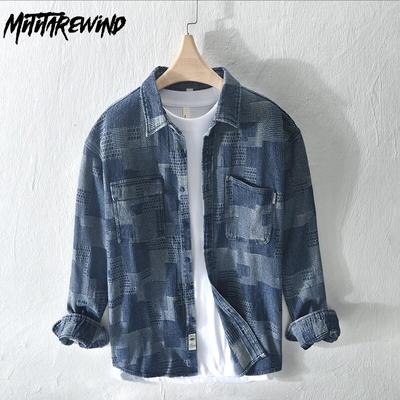 New Long Sleeve Denim Shirt Men Streetwear Trending Jean Men Tops Jacquard Contrast Color Plaid Shirt Youth Men Clothing Casual Loose Shirt 4XL