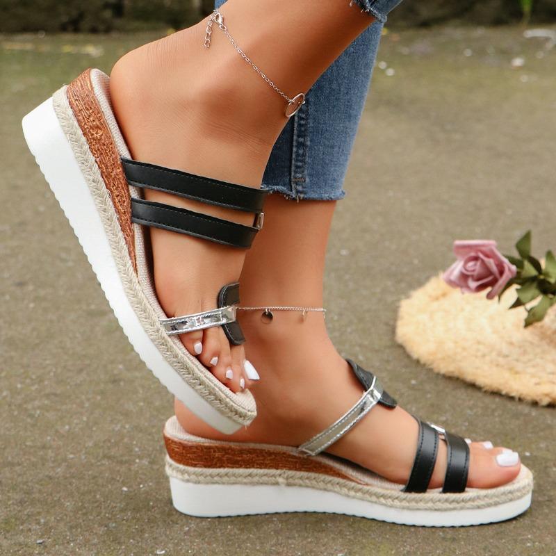 New Style Summer Casual Color Blocking Sandals for Women Dressy Comfortable Soft Leather  Thick Soled Slope Woven Straw Sandals