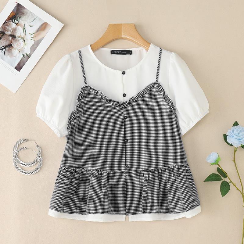ZANZEA Women Summer Round Neck Plaid Print Patchwork Short Sleeve Blouse