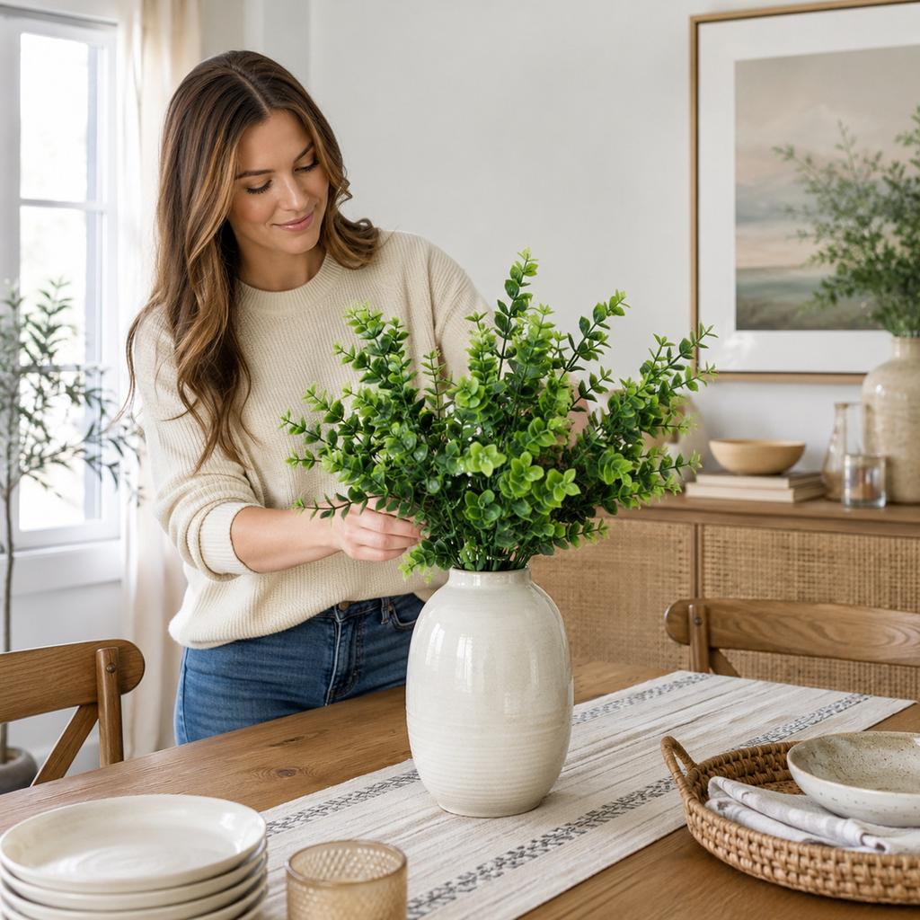 Artificial Eucalyptus Greenery Stem Plastic Faux Plant Decorative Arrangement for Home Office Event Tabletop Display